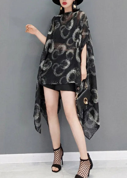 Black O-neck Print Chiffon Dress Batwing Sleeve