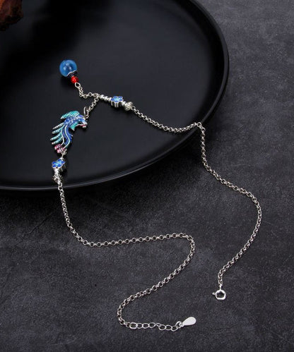 Blue Sterling Silver Tassel Cloisonne Enamel Phoenix Pendant Necklace