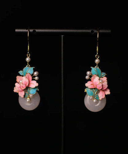 Pink Sterling Silver Overgild Enamel Ping Buckle Pearl Drop Earrings