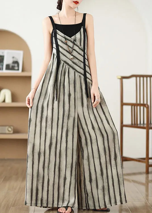 Khaki Striped Jumpsuit Wide Leg Pants Summer