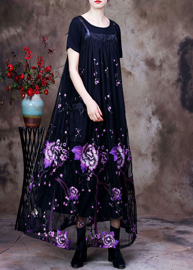 Black Embroideried Pockets Lace Two Pieces Set Summer