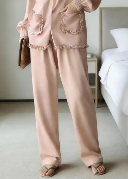 Pink Ruffled Patchwork Pajamas Two Piece Set Long Sleeve