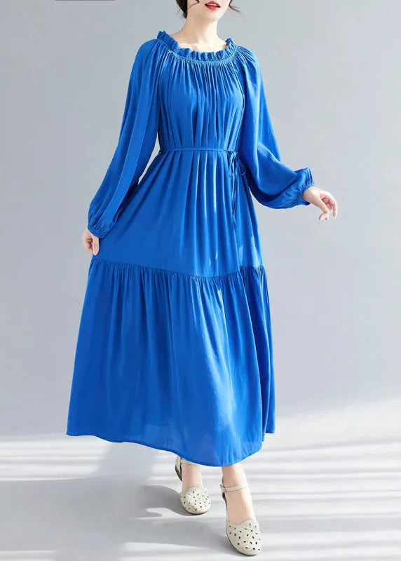 Blue O-neck Ruffled Patchwork Chiffon Maxi Dress Spring