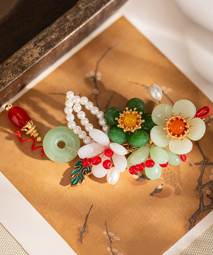 Retro Multicolor Alloy Jade Pearl Tassel Hairpin