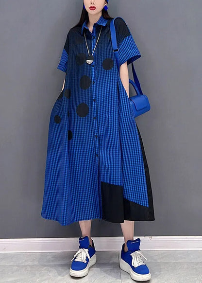 Blue Peter Pan Collar Button Plaid Shirt Dress Short Sleeve