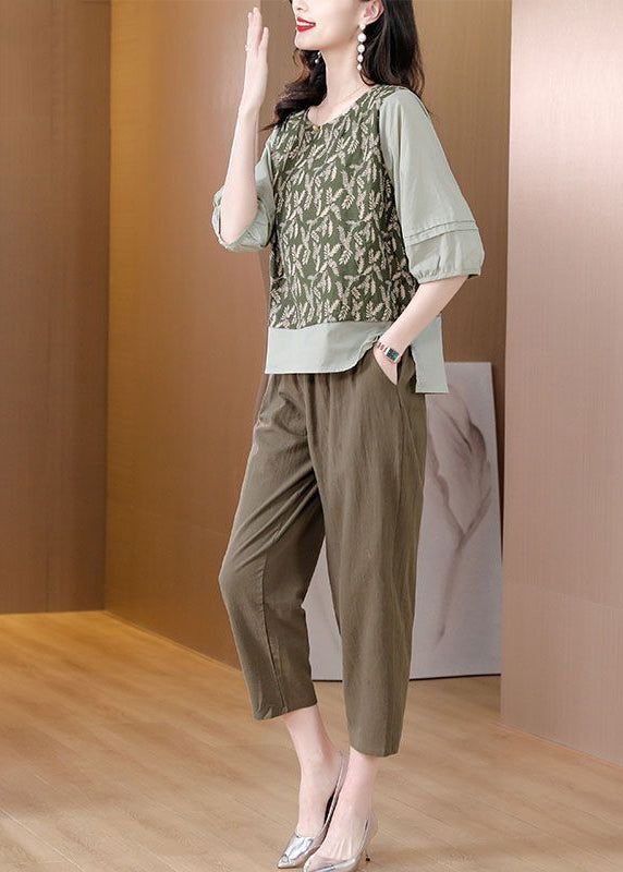 Green Embroidered Patchwork Linen Two Pieces Set Spring