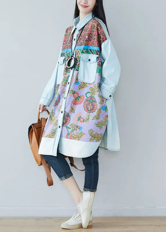 Art Light Blue Pockets Side Open Print Denim Shirt Dresses Spring