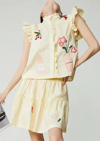 Yellow Embroidered Top and Skirts Two Pieces Set Sleeveless