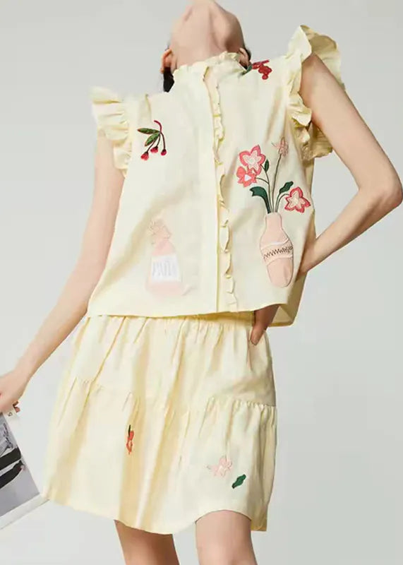 Yellow Embroidered Top and Skirts Two Pieces Set Sleeveless