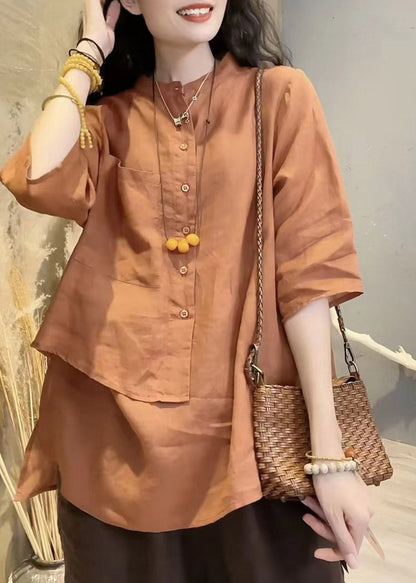 Green Stand Collar Asymmetrical Button Linen Shirts Long Sleeve