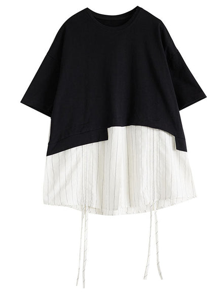 Black Striped Patchwork Fake Two Pieces Top Short Sleeve