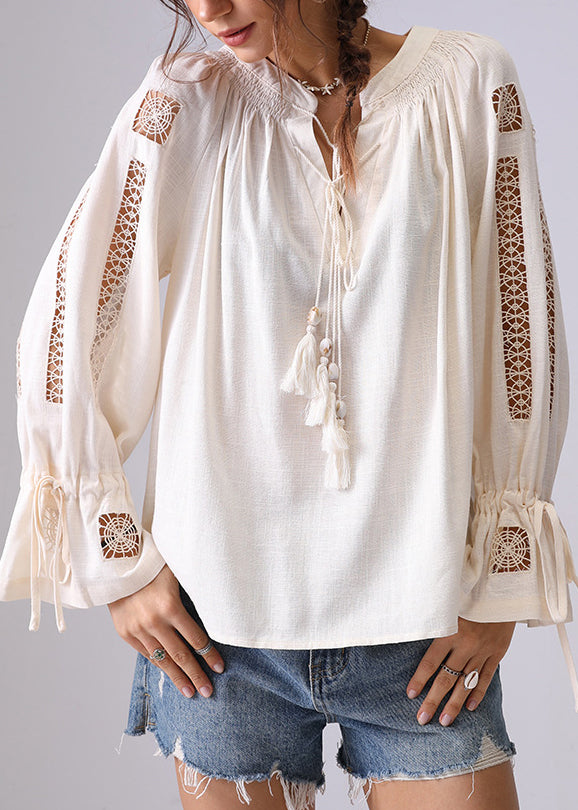 Apricot Hollow Out Lace Up Shirt Flare Sleeve