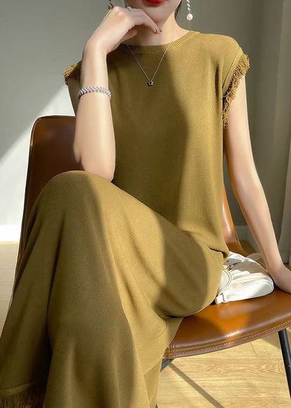French Beige O-neck Tasseled Ice Silk Knit Dress Sleeveless