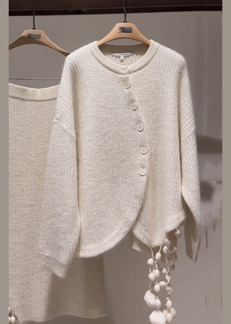 Stylish Light Grey Asymmetrical Tassel Patchwork Cotton Knit Sweaters and Maxi Skirts Two Pieces Set Winter