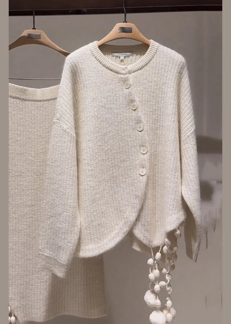 Stylish Light Grey Asymmetrical Tassel Patchwork Cotton Knit Sweaters and Maxi Skirts Two Pieces Set Winter