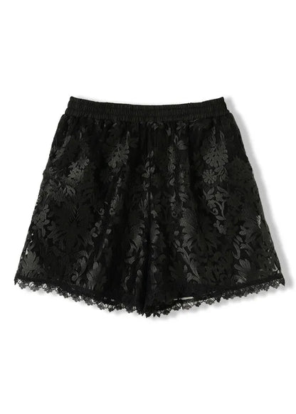 Black Embroidered Pockets Elastic Waist Lace Shorts Summer