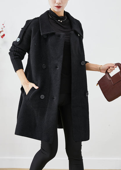 Black Double Breast Patchwork Woolen Trench Coats Fall