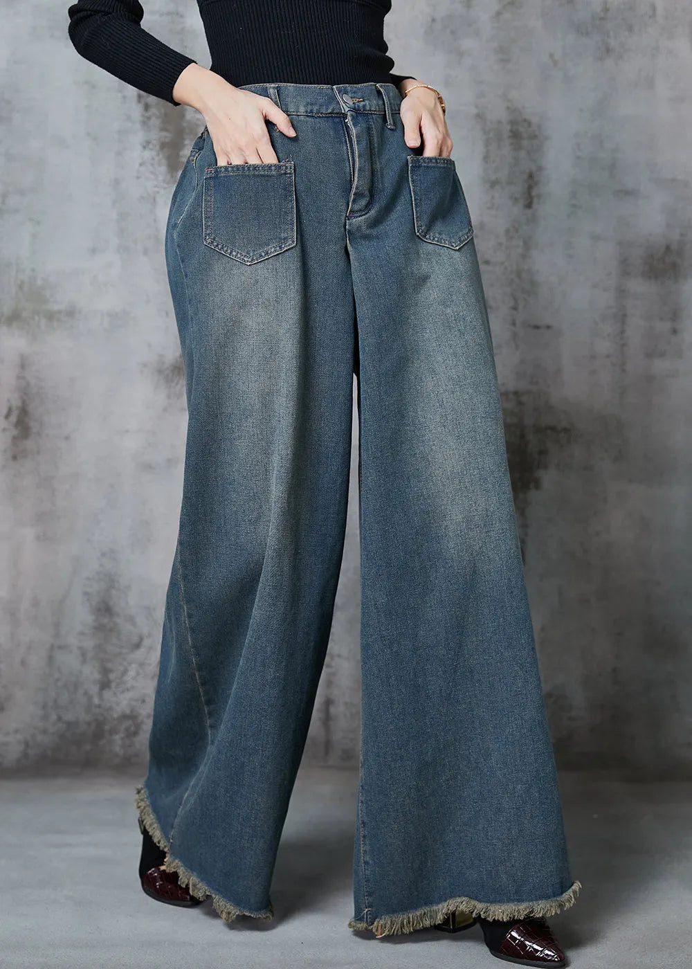 Navy Elastic Waist Pockets Denim Wide Leg Pants Spring