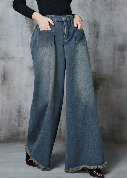 Navy Elastic Waist Pockets Denim Wide Leg Pants Spring