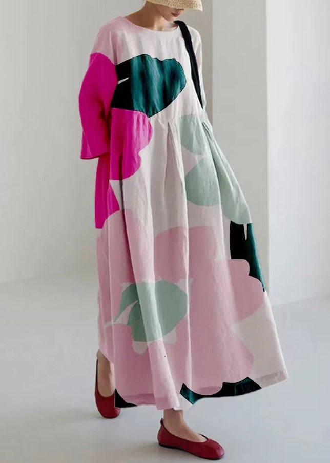 Loose Light Green O-neck Print Pockets Vacation Long Dresses Bracelet Sleeve