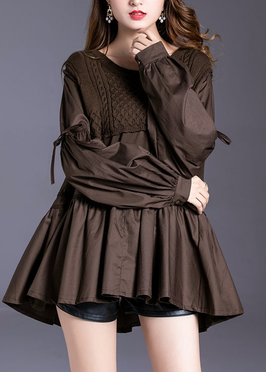 Fine Chocolate O-neck Patchwork Cotton Tops Spring