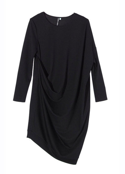 Black O-neck Wrinkled Long Dresses Long Sleeve