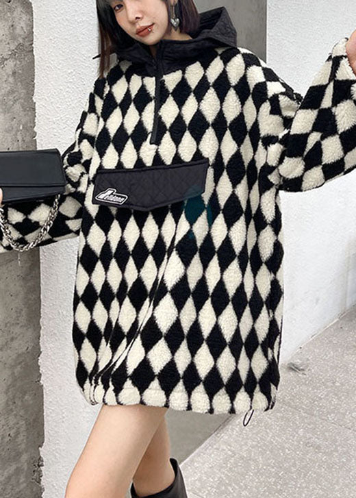 Comfy Plaid Teddy Hooded Patchwork Fall Sweatshirt Street Wear