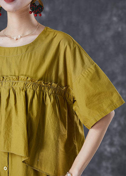 Green Ruffled Patchwork Cotton Fake Two Piece Dress Fall