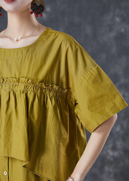 Green Ruffled Patchwork Cotton Fake Two Piece Dress Fall