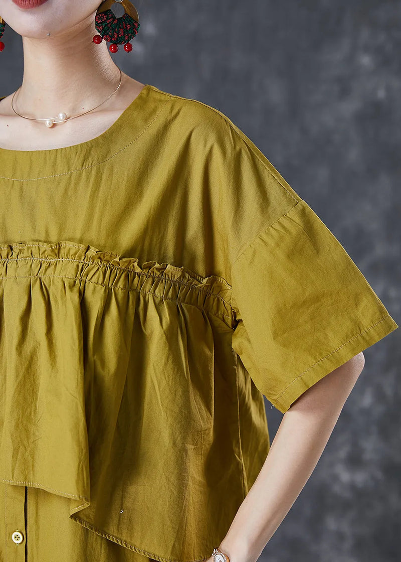 Green Ruffled Patchwork Cotton Fake Two Piece Dress Fall
