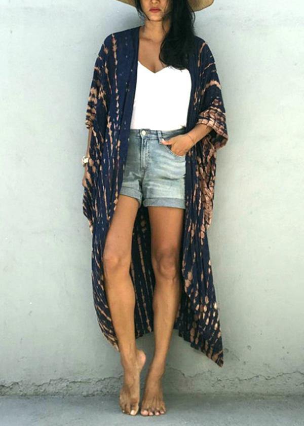 Blue Print Low High Design Kimono Robe Cotton Long Loose Cardigans