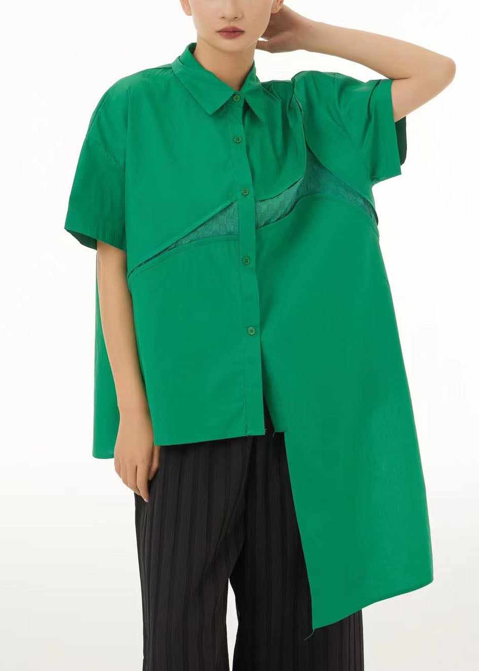Green Asymmetrical Design Cotton Shirt Tops Summer