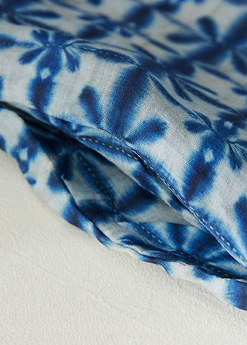 Chinese Style Blue Button Print Pockets Linen Dresses Half Sleeve Summer