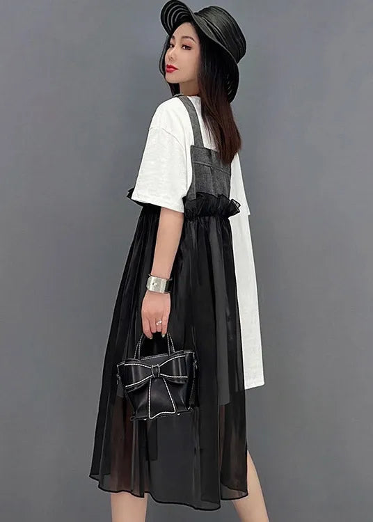 French Black O-neck Denim Tulle Patchwork Dress Short Sleeve