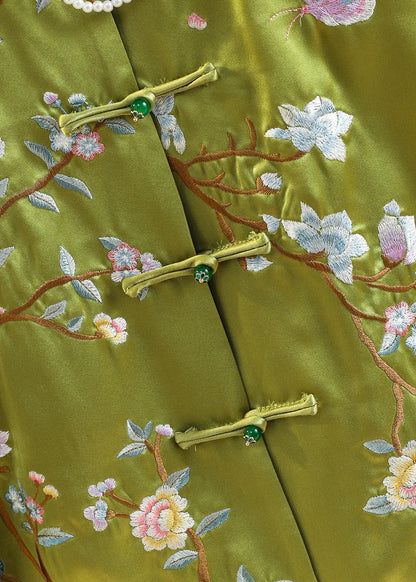 Chinese Style Green O-neck Embroidered Silk Coats Fall
