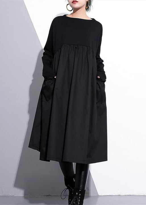 Stylish Black Cotton Shift Dress Cotton Clothing Dress High Waist Patchwork Cotton Dress