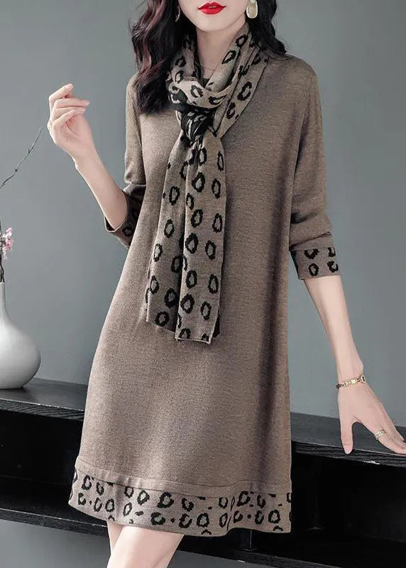 Camel Print Patchwork Knitted Dress O-neck Scarf Long Sleeve Fall