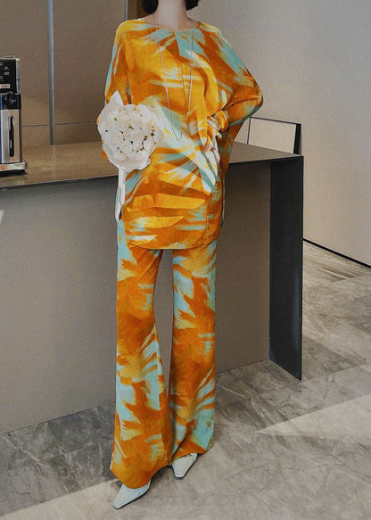 Italian Yellow Print Silk Two Piece Set Clothing Long Sleeve