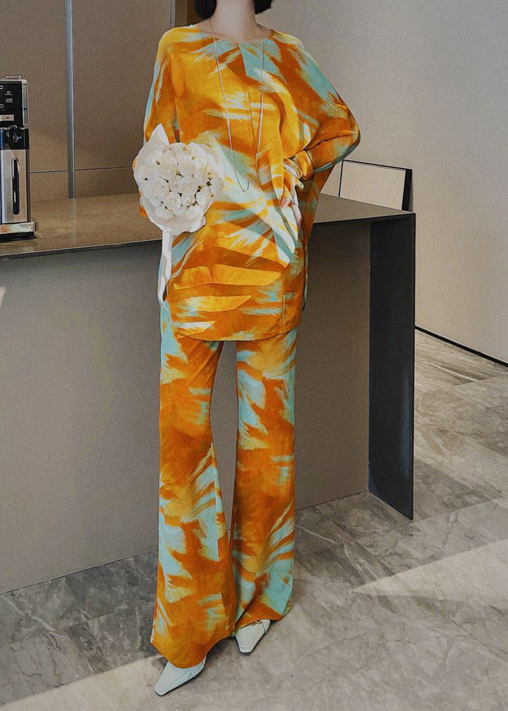 Italian Yellow Print Silk Two Piece Set Clothing Long Sleeve