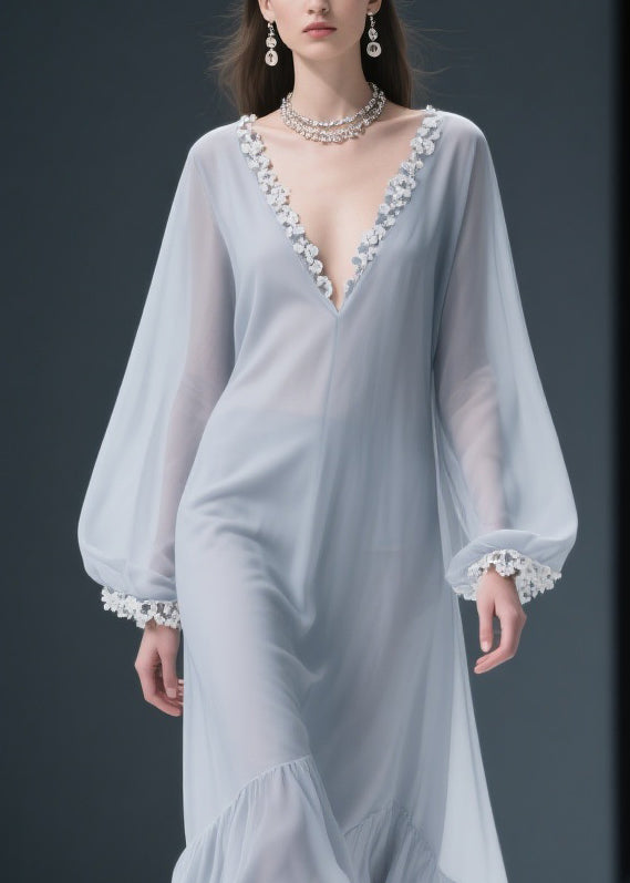 Light Grey Lace Chiffon Maxi Dresses V Neck Spring