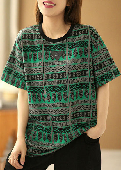 French Green O-neck Print Cotton Tank Tops Short Sleeve