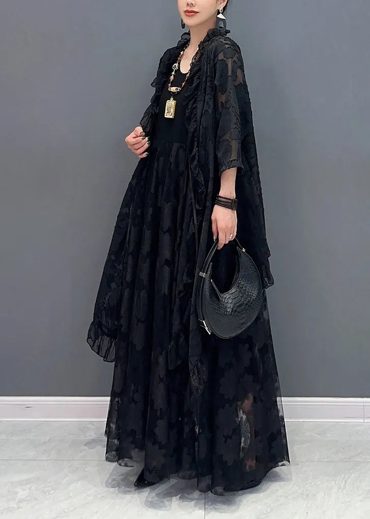Black Ruffled Lace Up Patchwork Lace Two Piece Set Summer