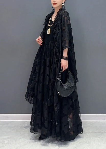 Black Ruffled Lace Up Patchwork Lace Two Piece Set Summer