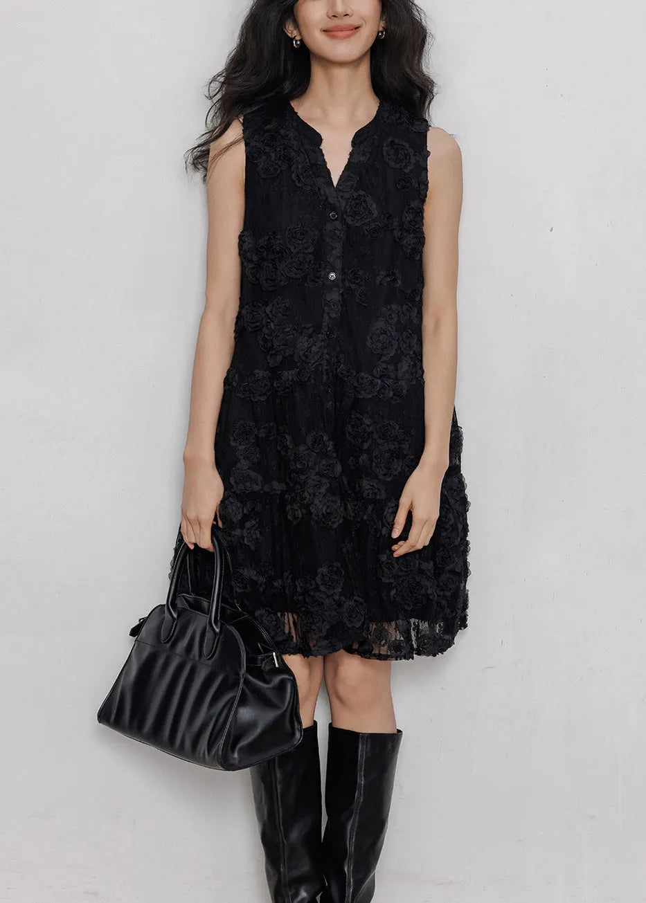 Black Button Hollow Out Lace Mid Dresses Sleeveless