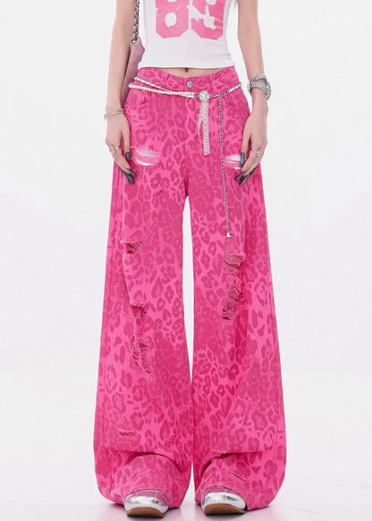 Leopard Rose Hole Pockets High Waist Denim Pants Summer
