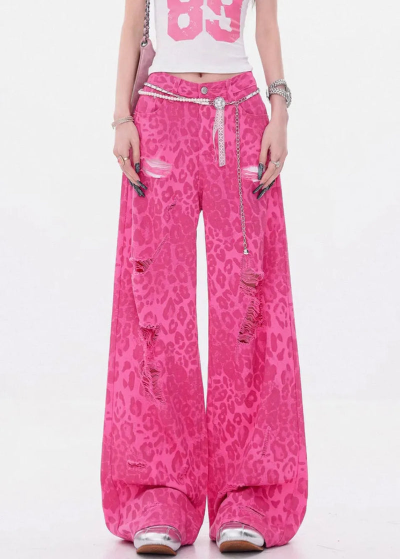 Leopard Rose Hole Pockets High Waist Denim Pants Summer