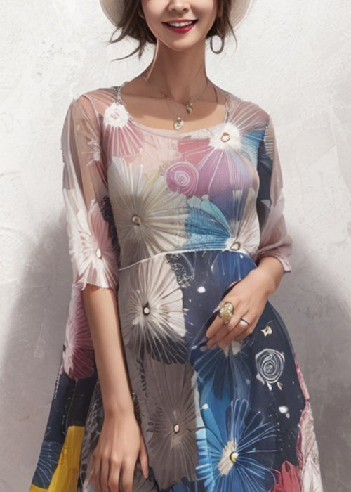 Style Colorblock O Neck Print Loose Silk Long Dress Summer