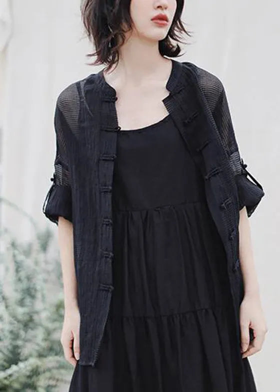 Chinese Style Black Mandarin Collar Button Pockets Tulle Coat Spring