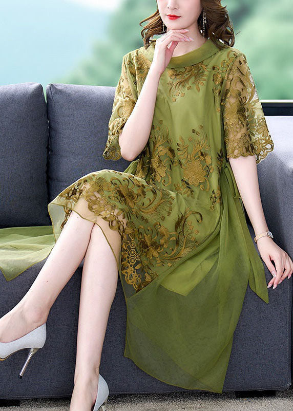 French Green O-neck Embroideried Tulle Patchwork Silk Dress Summer