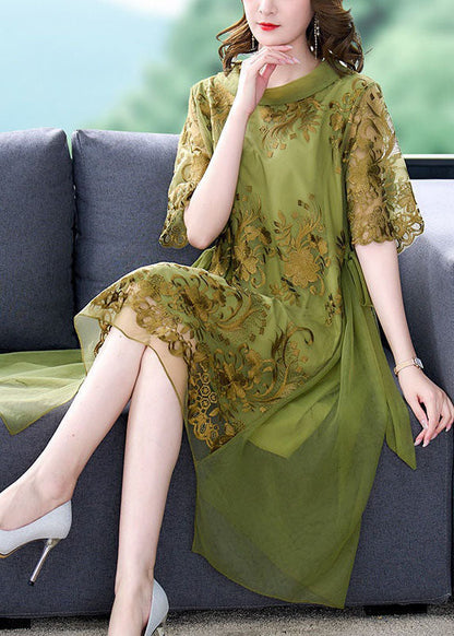 French Green O-neck Embroideried Tulle Patchwork Silk Dress Summer
